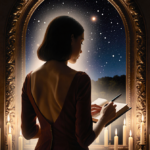 Libra woman standing before ornate mirror with candles and starry sky holding leather book and pen aura glowing above head
