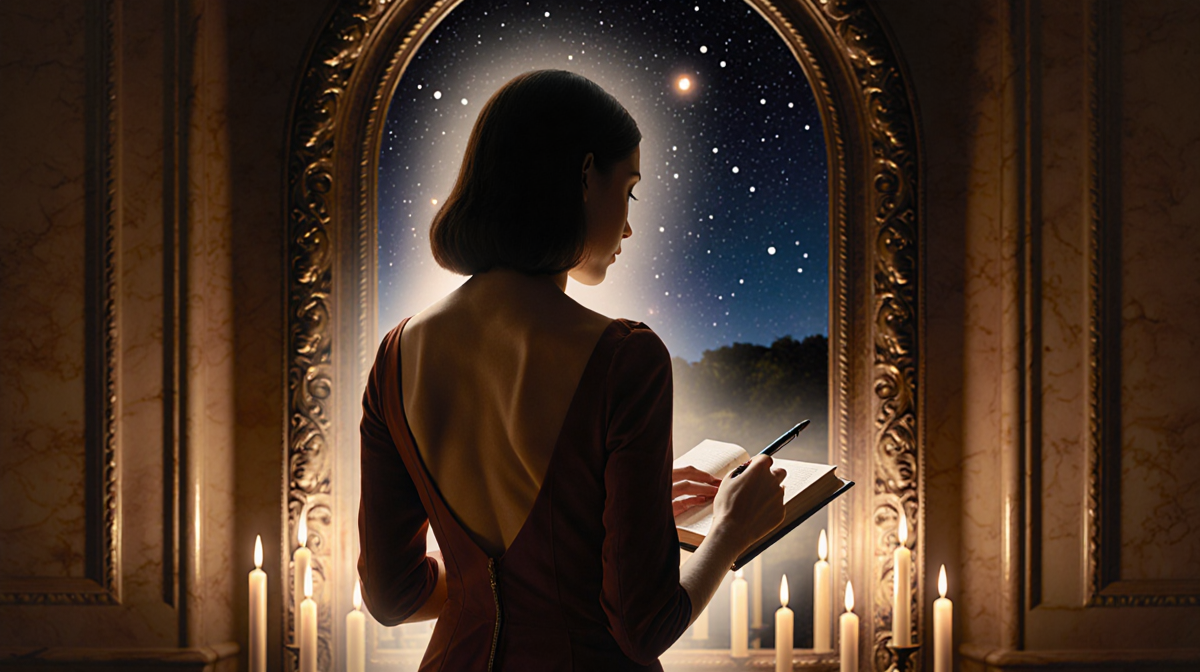 Libra woman standing before ornate mirror with candles and starry sky holding leather book and pen aura glowing above head