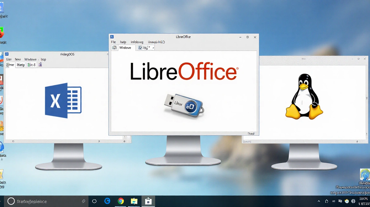 LibreOffice runs on three desktops with Windows macOS and Linux icons showing cross-platform compatibility