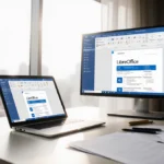 Open laptop showing LibreOffice on monitor with natural light from window and city skyline visible through glass