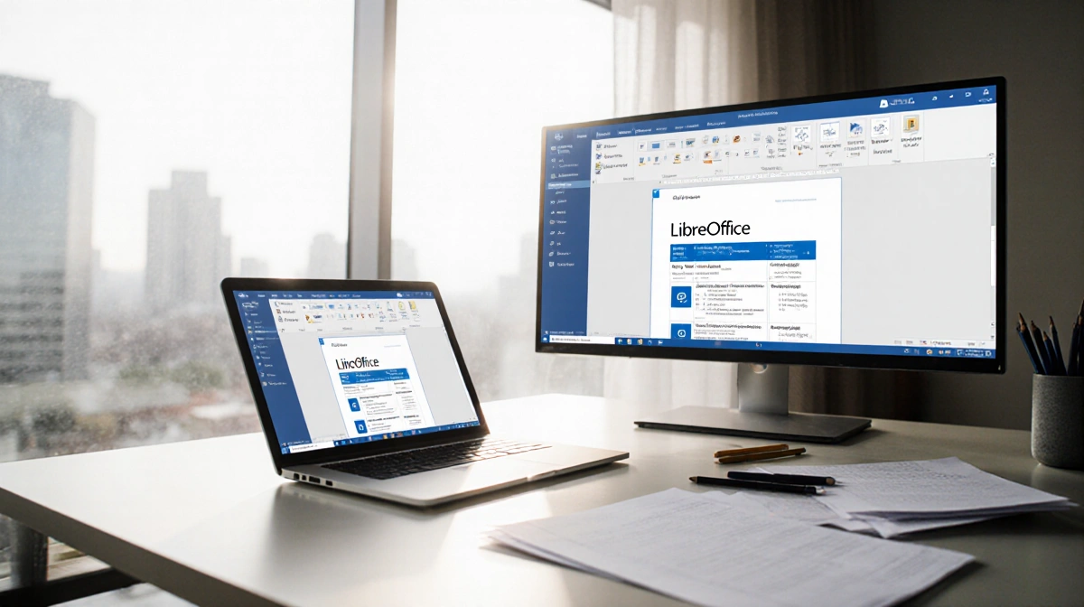 Open laptop showing LibreOffice on monitor with natural light from window and city skyline visible through glass