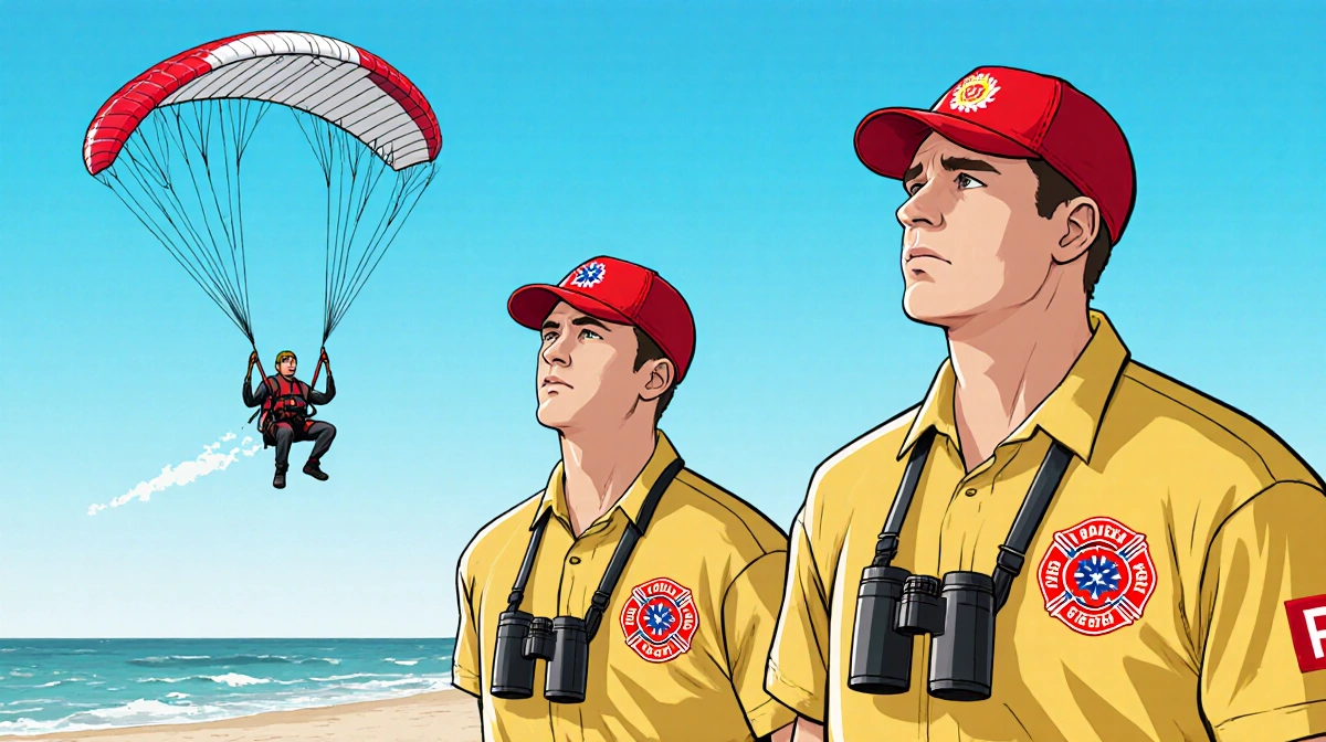 Two lifeguards scan the sky with binoculars for a paraglider in distress with Palm Beach County Fire Rescue logo on their uni