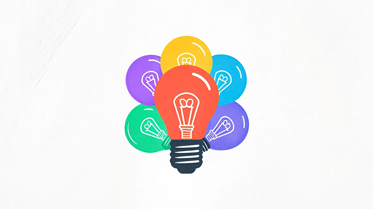 Colorful lightbulb icons glow in circular pattern with white background and subtle texture showing startup ideas