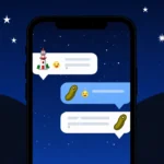 Phone screen shows chat between friends with lighthouse and pickle emojis highlighted against night sky with moon and stars