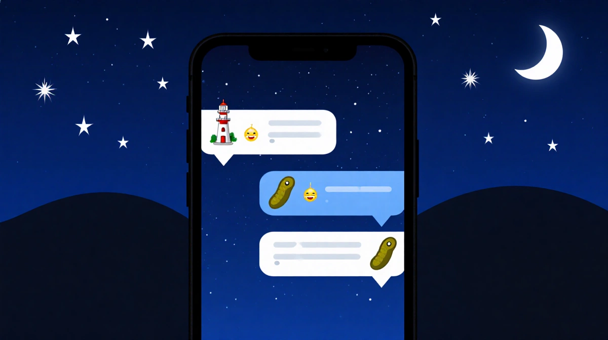 Phone screen shows chat between friends with lighthouse and pickle emojis highlighted against night sky with moon and stars
