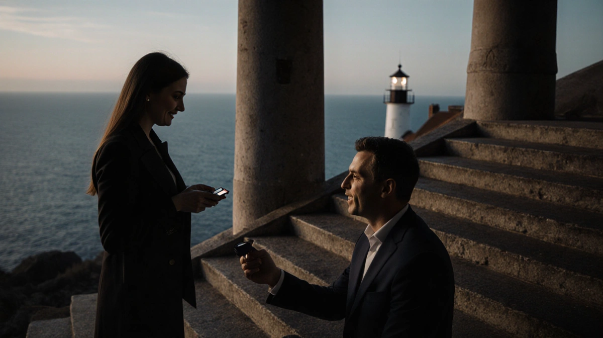 Man proposing on lighthouse steps with ocean view and girlfriend showing surprise