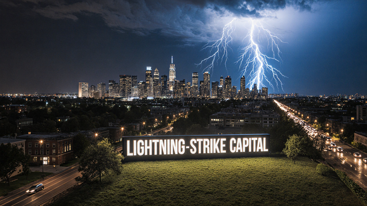 Aerial view shows the capital cityscape lit by electric blue lightning with LED sign displaying Lightning Strike Capital amid