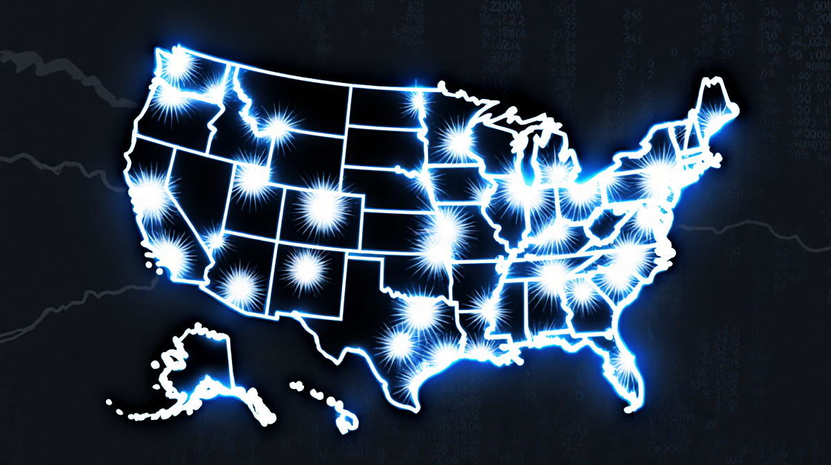 Map illustrating lightning strike data with glowing blue lines tracing county borders and sparks showing strike frequency.