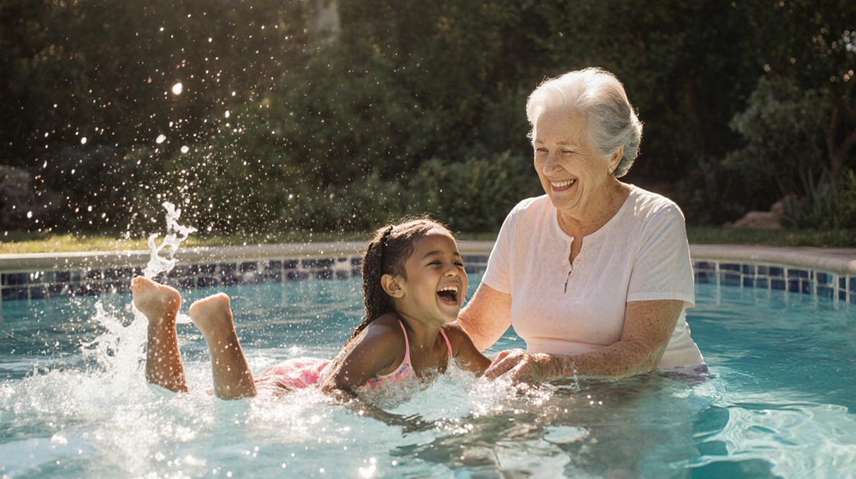 Little girl laughing while floating in pool with grandmother's hands supporting her and sunlit garden behind