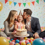 Lily Collins and Charlie McDowell kiss their daughter Tove Jane McDowell with a colorful ball pit and balloons at a birthday