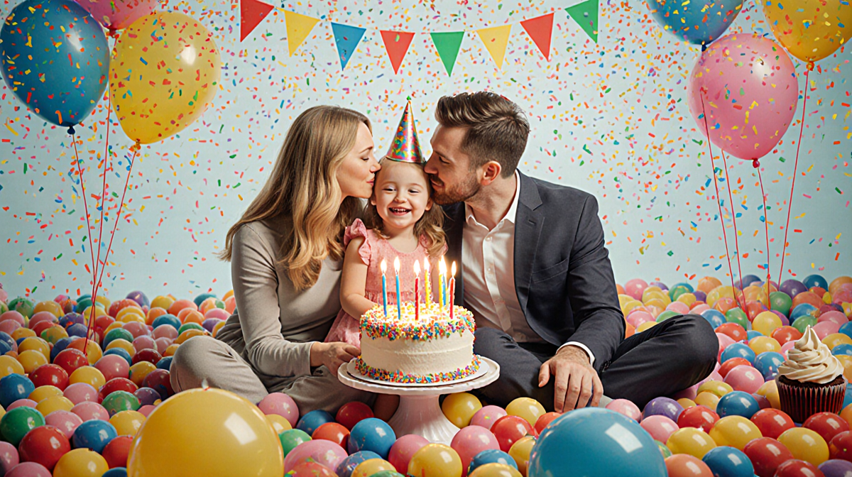 Lily Collins and Charlie McDowell kiss their daughter Tove Jane McDowell with a colorful ball pit and balloons at a birthday