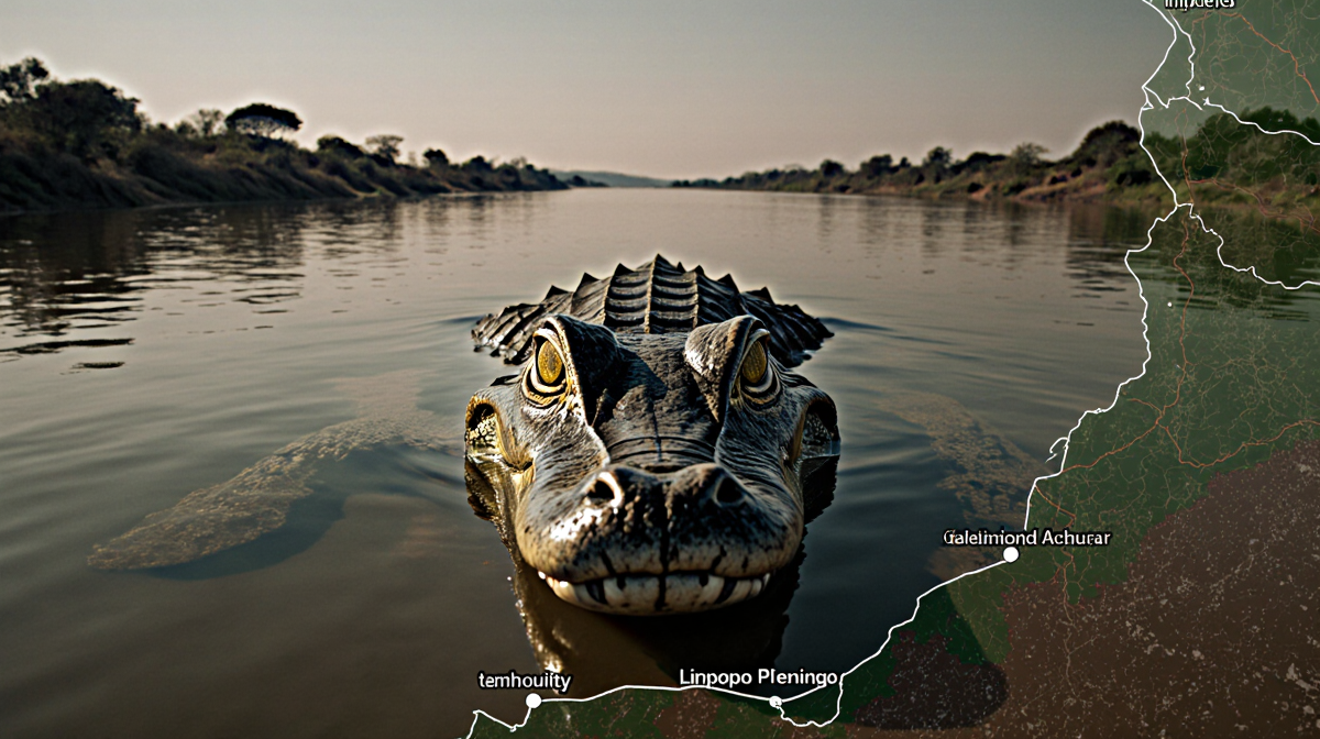 Crocodile lurking in Limpopo river with map overlay showing river path and surrounding geography