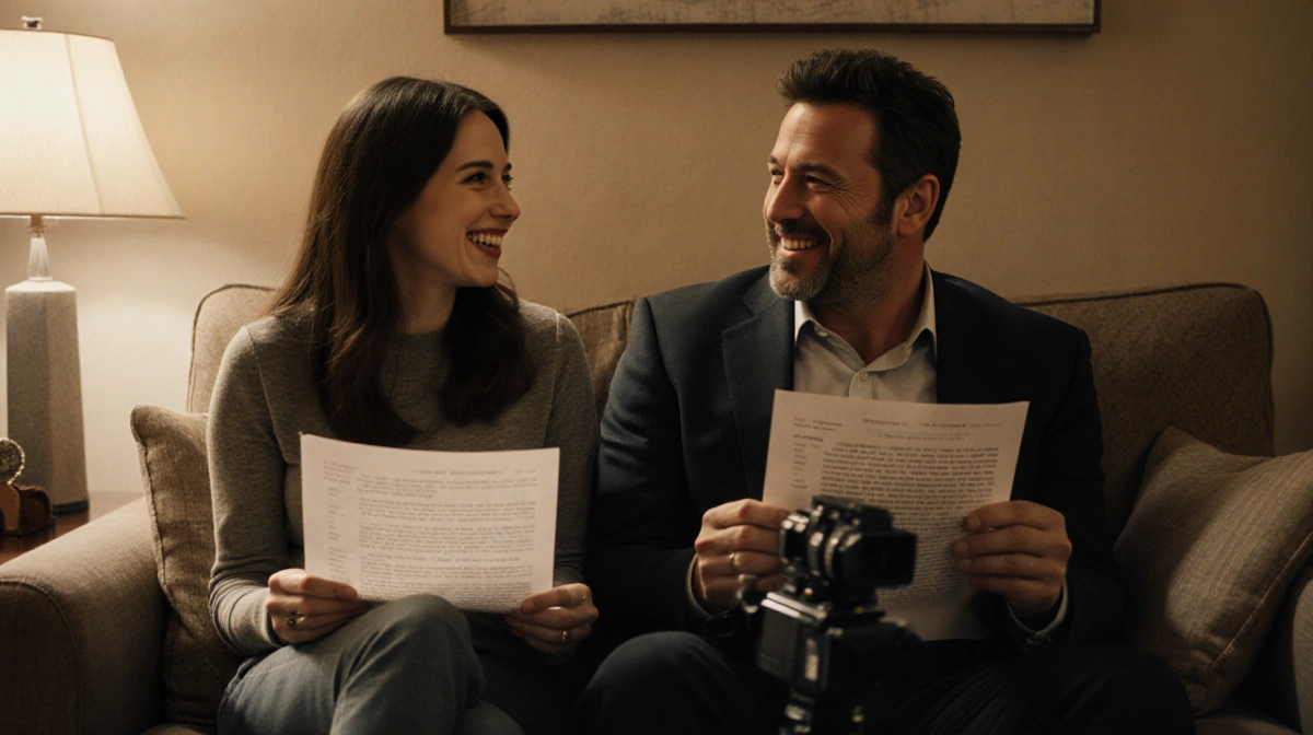 Lina Esco and Ben Affleck laughing together on couch with script pages and film equipment showing playful set moment