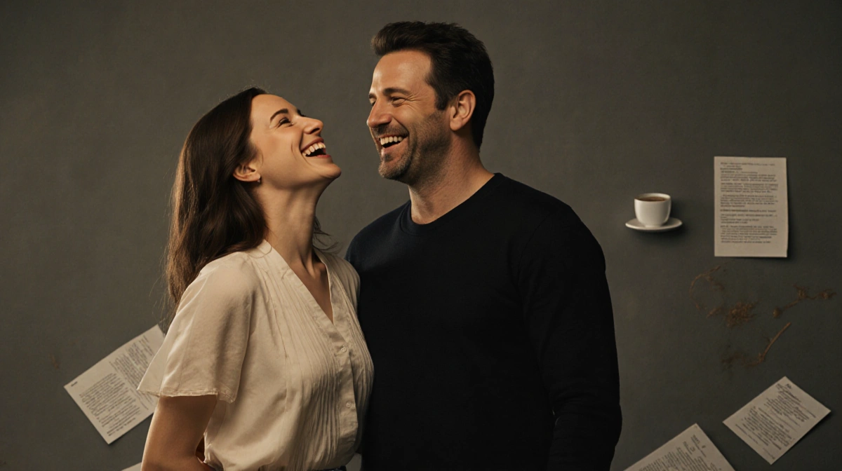 Lina Esco and Ben Affleck laughing together with warm lighting and coffee cup showing their chemistry