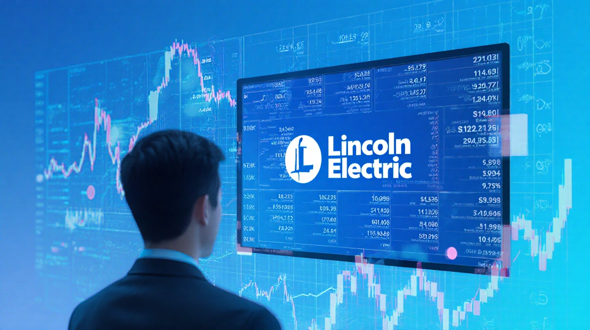 Business professional analyzing Lincoln Electric stock performance with financial charts and market data on large screen