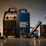 Lincoln Electric welding torches rest on industrial machinery with golden lighting reflecting off metal surfaces and scattere