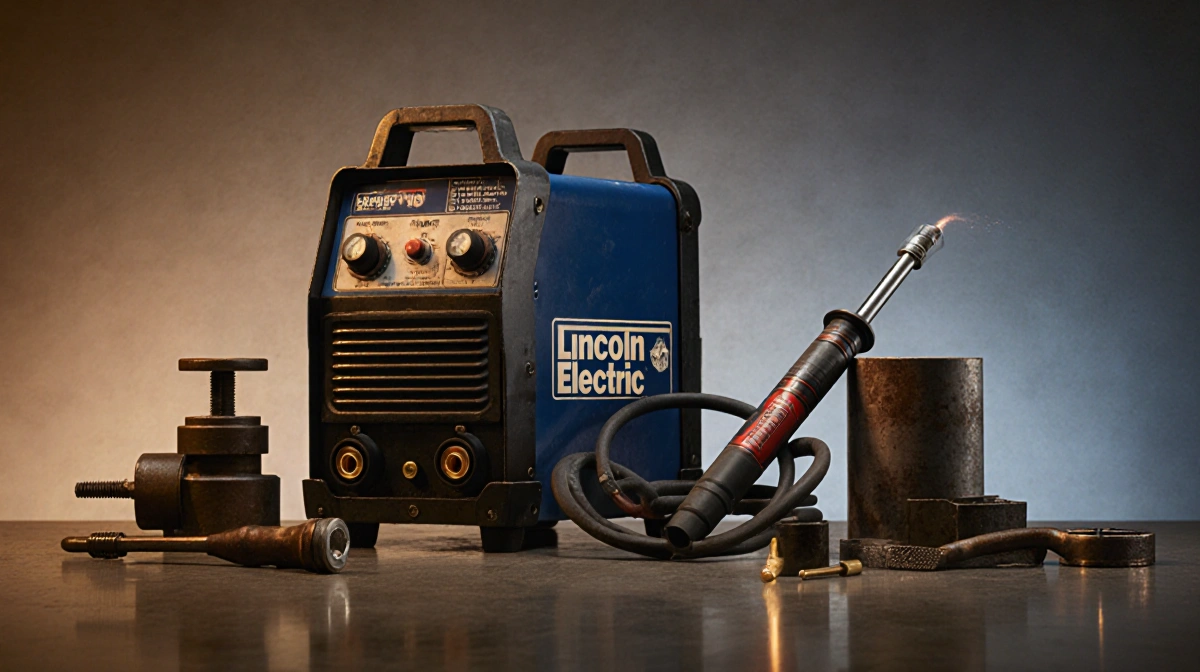 Lincoln Electric welding torches rest on industrial machinery with golden lighting reflecting off metal surfaces and scattere