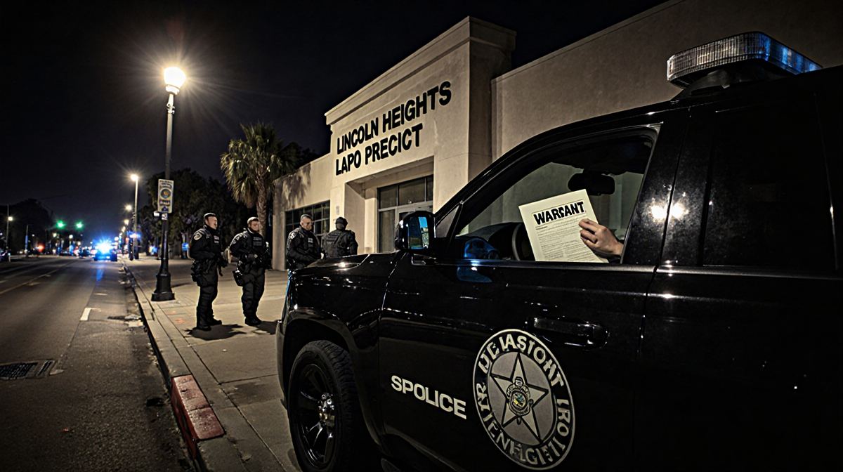 SWAT team gathering around black SUV with Lincoln Heights precinct lit by flickering streetlight and warrant