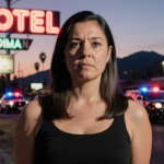 Transgender woman stands with determined expression in front of neon‑lit motel sign with blurred police cars in background