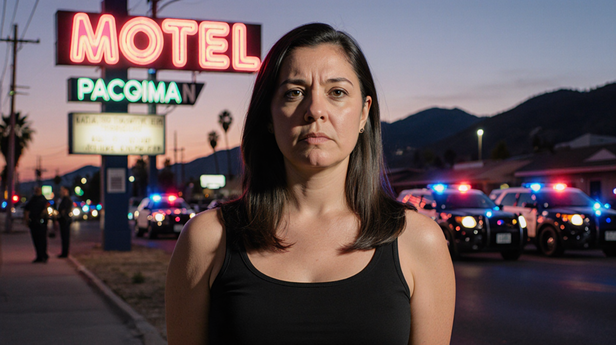 Transgender woman stands with determined expression in front of neon‑lit motel sign with blurred police cars in background