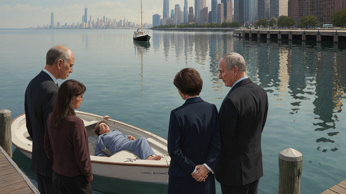 Grieving family stands near boat with loved one's body in Lake Michigan water showing Chicago harbor