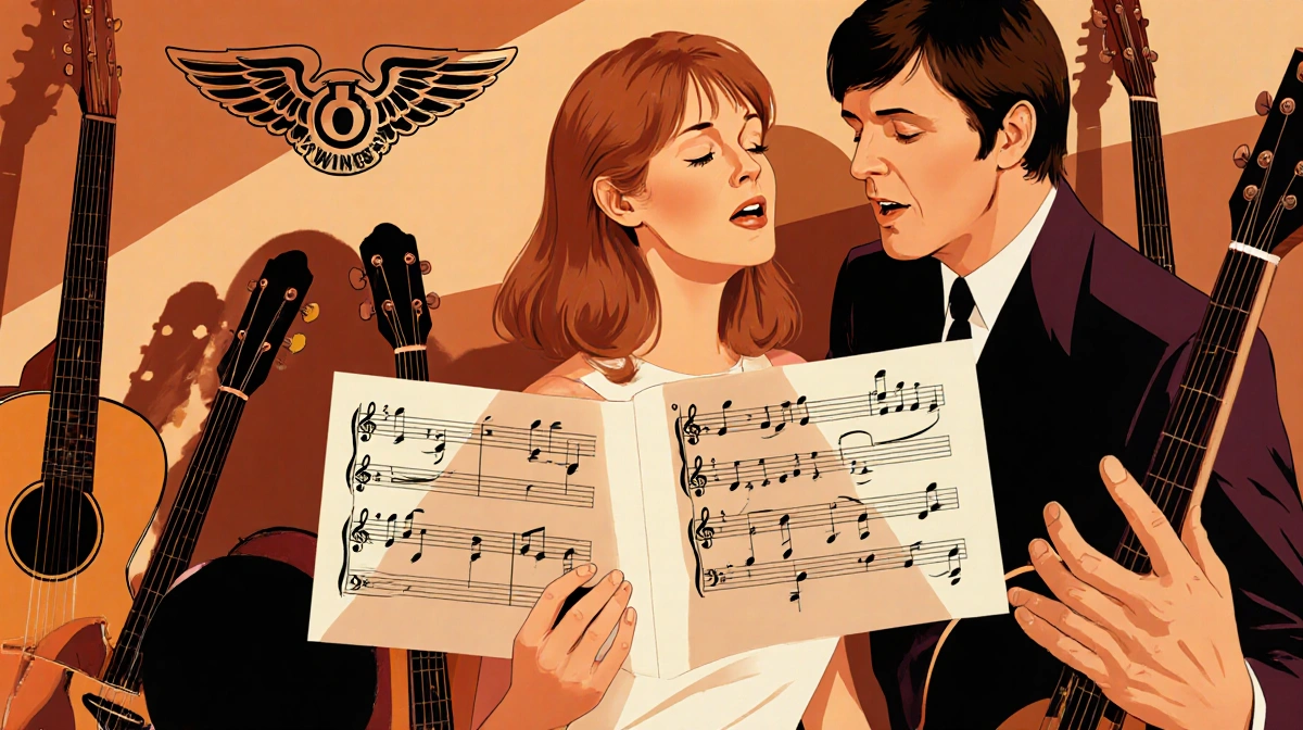 Linda McCartney singing with Paul behind her and Wings logo showing broken guitar string