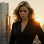 Lindsay Wagner stands before a 1970s cityscape with golden sunset and vintage jumpsuit
