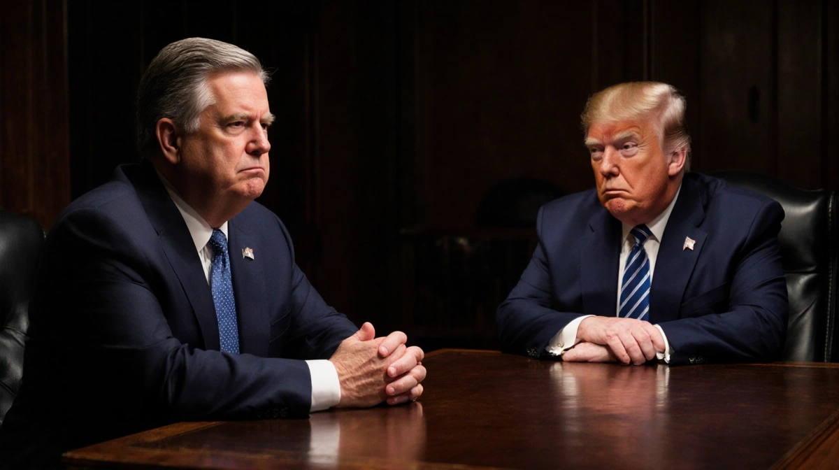 Senator Lindsey Graham confronting Donald Trump with stern expression and crossed arms at wooden desk