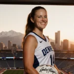 Lindsey Heaps poses in Denver Summit jersey with signed soccer ball and Rocky Mountains behind her