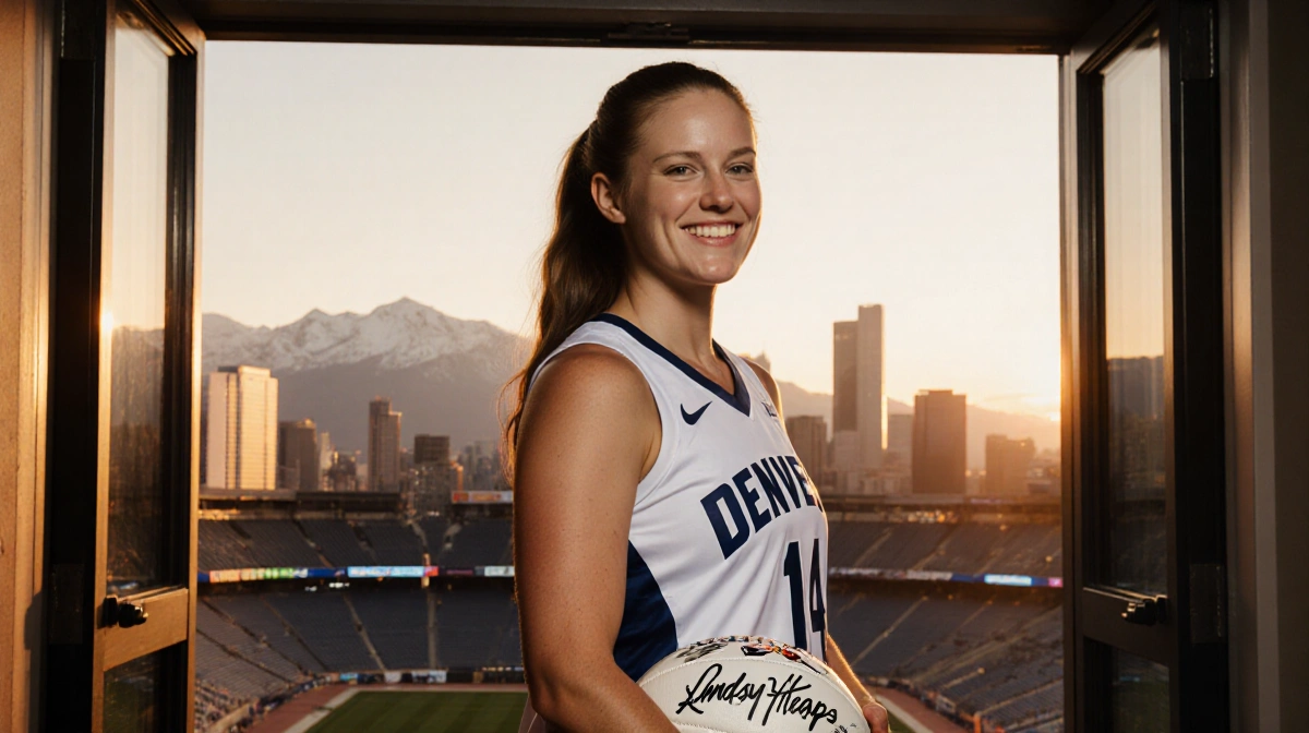 Lindsey Heaps poses in Denver Summit jersey with signed soccer ball and Rocky Mountains behind her
