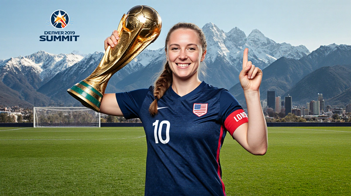 Lindsey Heaps lifts the World Cup trophy with Denver Summit jersey and Rocky Mountains behind her