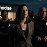 Lindsey Jae Minshew being escorted by law enforcement officers in handcuffs with a Target storefront glowing at dusk.