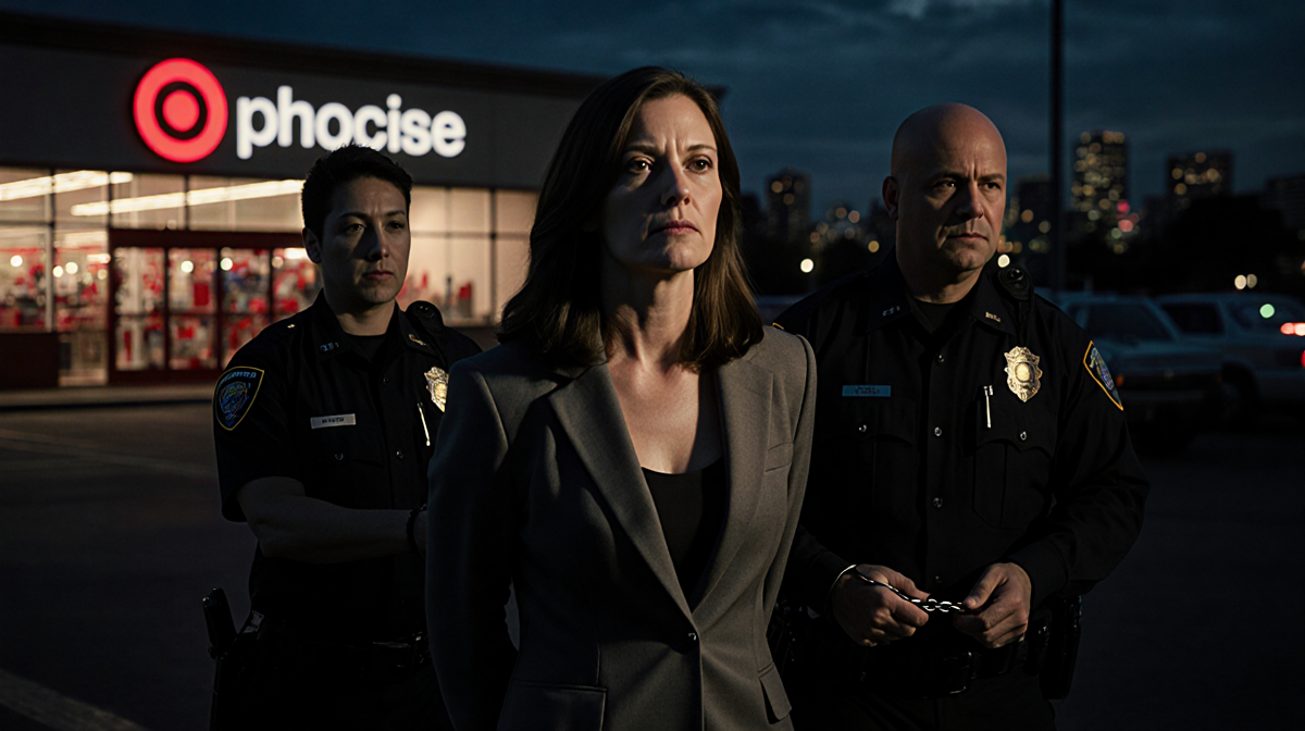 Lindsey Jae Minshew being escorted by law enforcement officers in handcuffs with a Target storefront glowing at dusk.