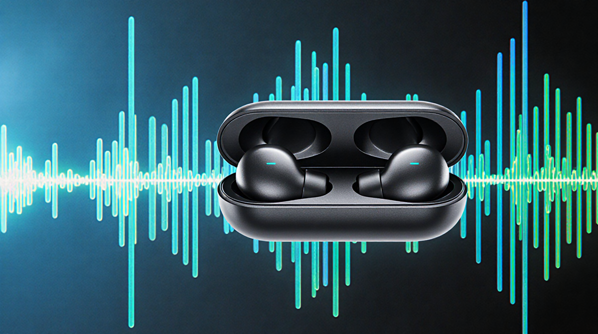 LinkBuds emitting sound waves with blue and green waveform and subtle bass ripples