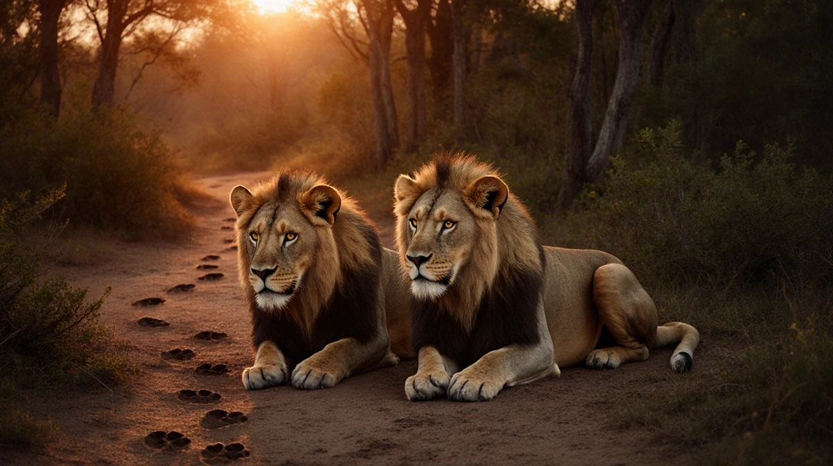 Two lions crouching with ears perked in a forest at sunset with a faint trail of footprints.