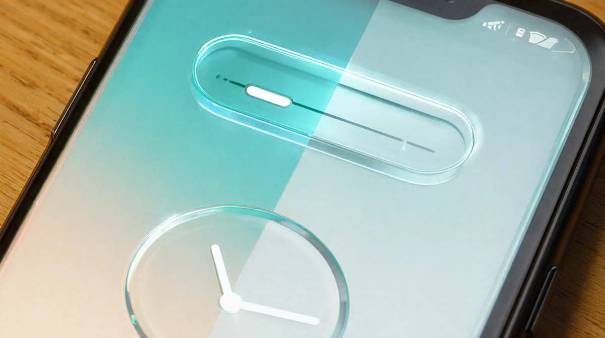 Smartphone lock screen showing translucent clock on left with solid clock on right and glowing slider at top