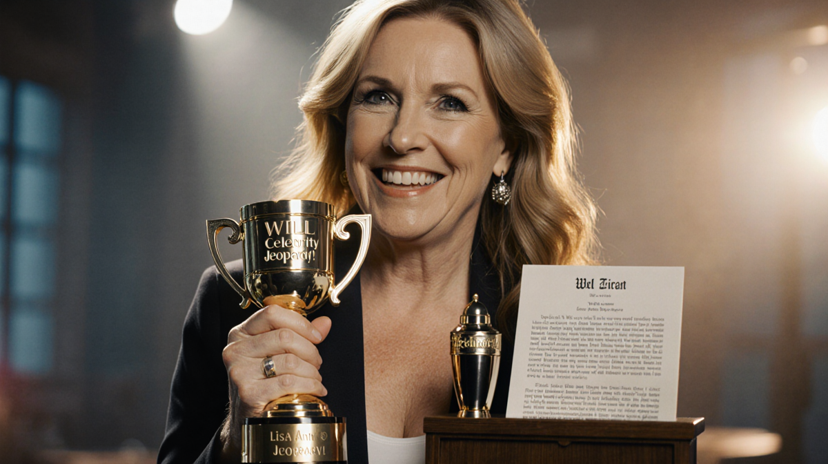 Lisa Ann Walter holding her Celebrity Jeopardy trophy with a smile and golden light illuminating an intimate set background.