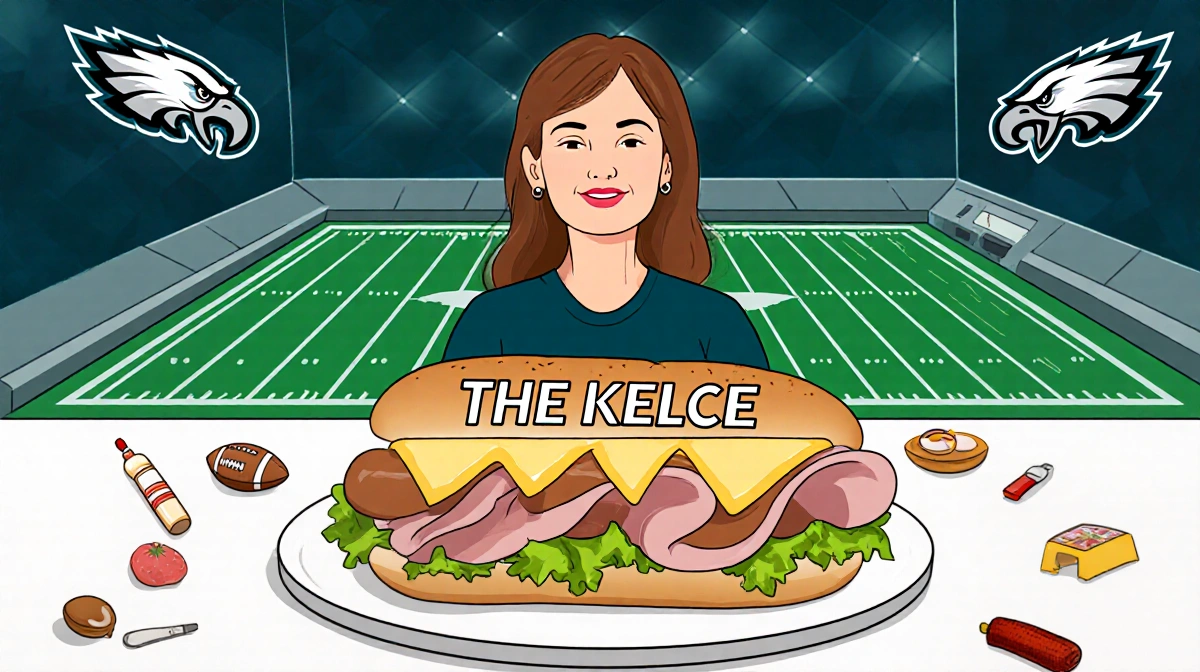 Lisa Ann Walter stands at Wawa counter with The Kelce hoagie and Eagles logo behind