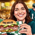 Lisa Ann Walter smiling while holding up The Kelce sandwich with turkey bacon and football wrapper at Wawa with Eagles jersey