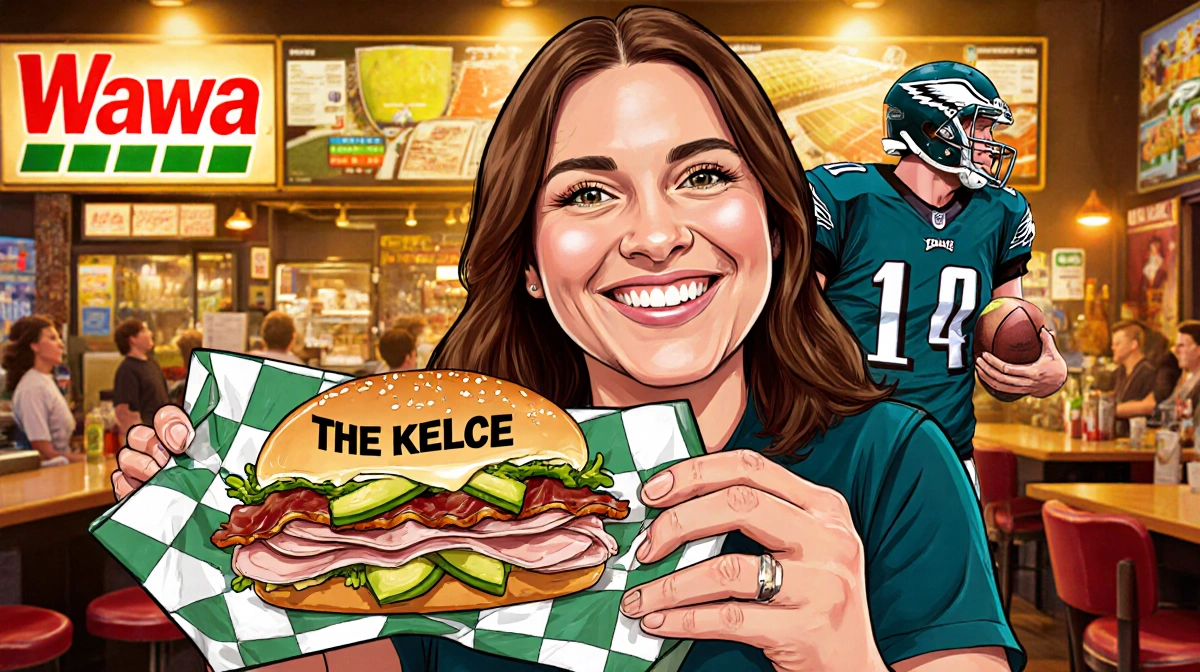 Lisa Ann Walter smiling while holding up The Kelce sandwich with turkey bacon and football wrapper at Wawa with Eagles jersey