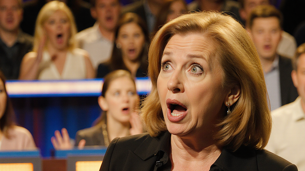 Lisa Ann Walter shouting a curse word on stage with shocked audience faces blurred and golden lighting showing her surprise.