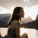 Lisa Barlow sits alone with sunset glow on her face and subtle tears and surrounded by blurred mountains and lake