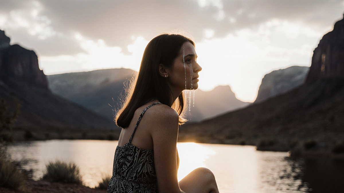 Lisa Barlow sits alone with sunset glow on her face and subtle tears and surrounded by blurred mountains and lake
