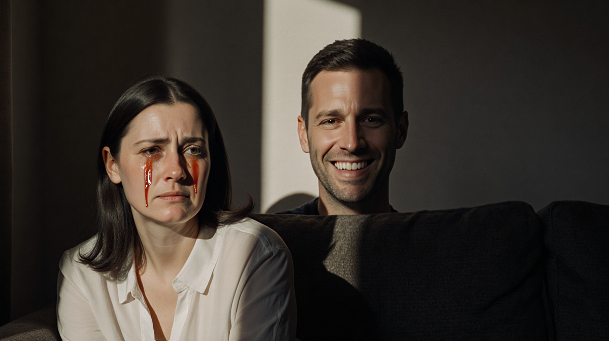 Lisa Barlow sits in a dimly lit room with tears streaming and her husband's smirk superimposed over the wall and heartbreak.