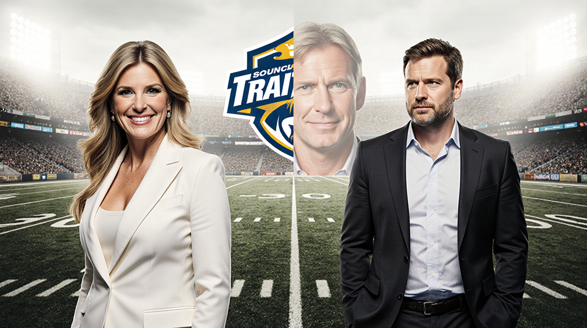 Lisa Rinna smiles toward camera with Rob Rausch standing and a Harry Hamlin face in the background with Traitors logo