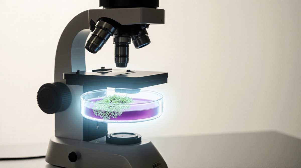 Microscope inspecting petri dish with Listeria colonies in sterile laboratory setting.