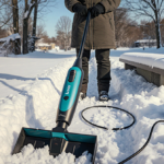 Person in winter coat standing beside fresh snow path with electric Litheli snow shovel under warm blue sky