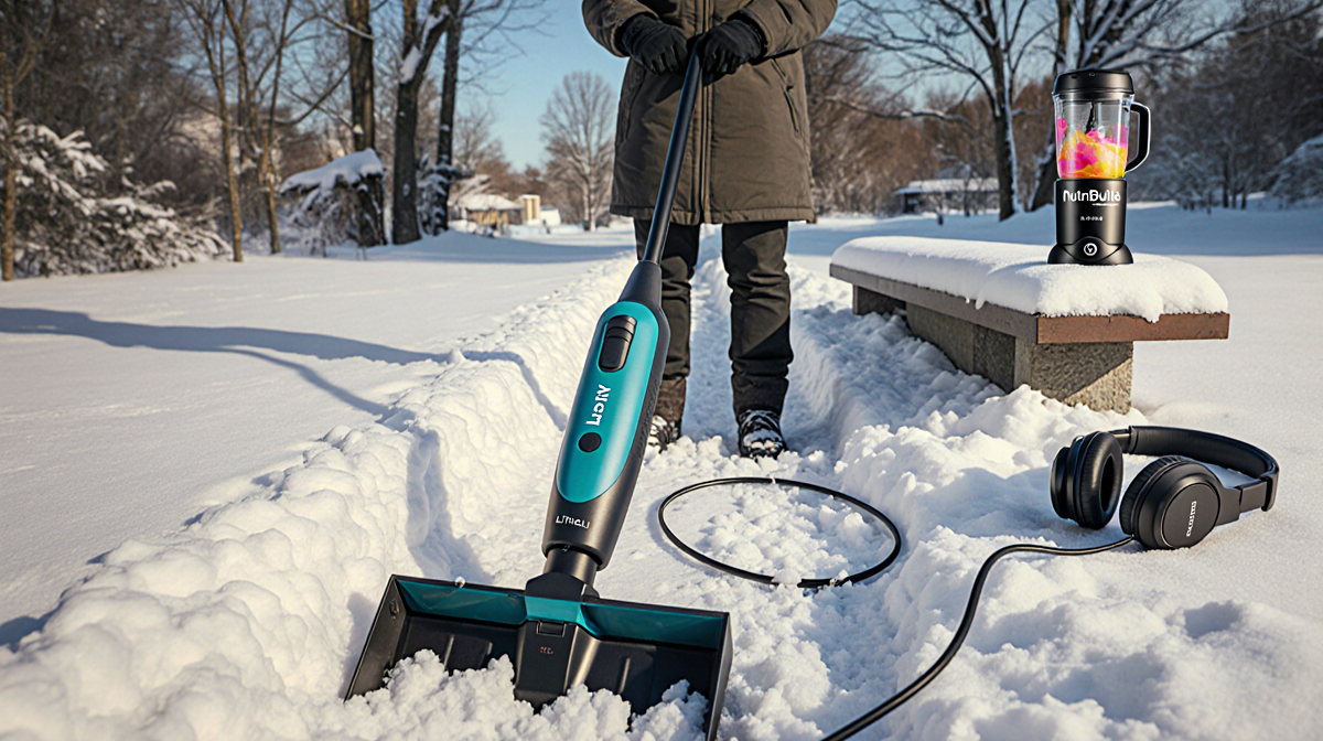 Person in winter coat standing beside fresh snow path with electric Litheli snow shovel under warm blue sky