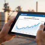 Hand holds tablet with Albemarle lithium stock chart surging against blurred industrial containers and machinery