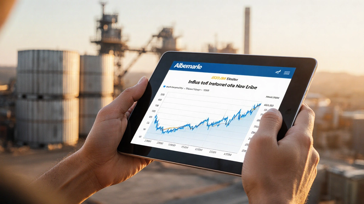 Hand holds tablet with Albemarle lithium stock chart surging against blurred industrial containers and machinery